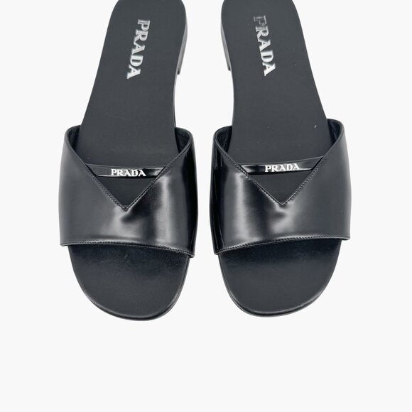 Prada Black Leather Triangle Logo Cutout Mule Slide Sandal Flat Size 39.5 US 9.5 - Picture 4 of 15